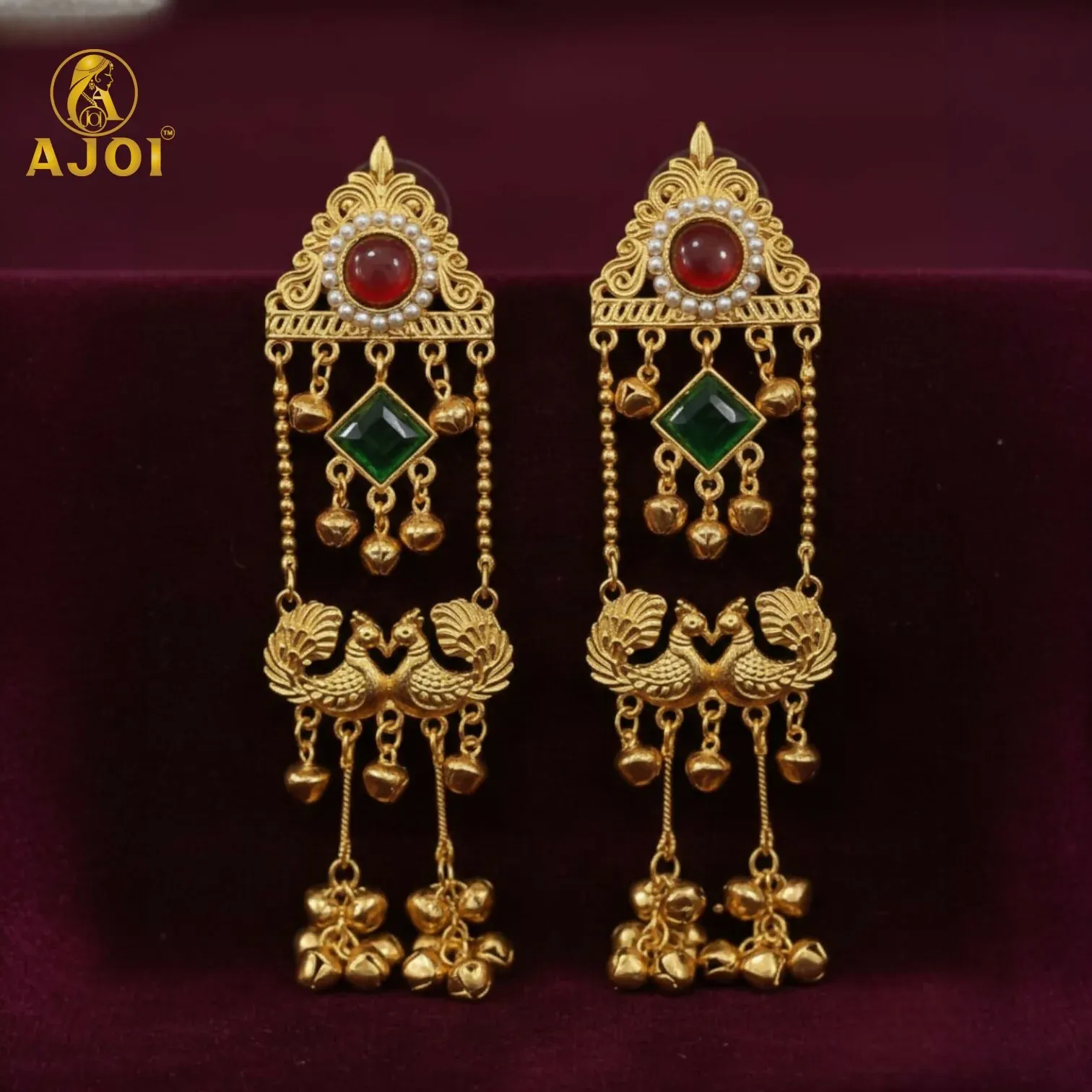 Premium Royal Kashmiri Peacock Jhumka Earrings with Red & Green Stone - Buy Online at Alikart