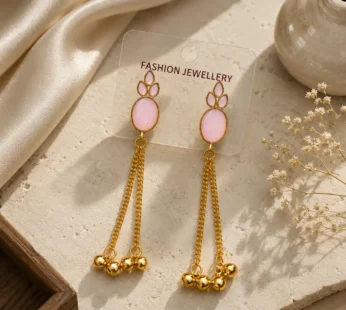 Pink Stone Gold Plated Long Tassel Dangler Earrings for Women with Ghungroo Beads