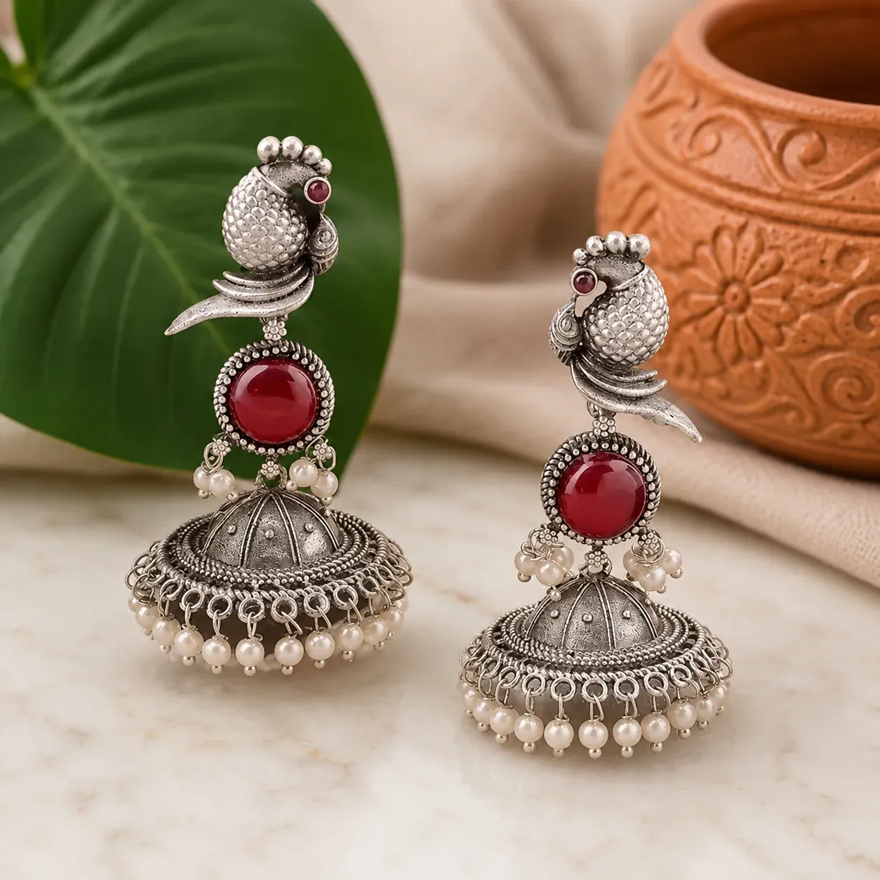 Premium Handcrafted Oxidized Silver Peacock Jhumka Earrings with Ruby & Pearl Accents - Buy Online at Alikart