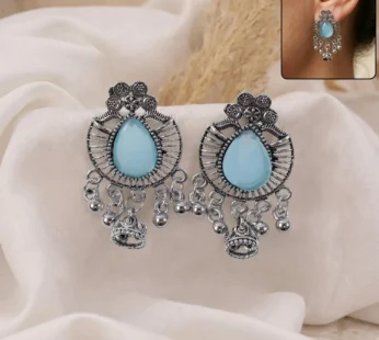 Oxidized Silver Teardrop Jhumka Earrings with Sky Blue Stone and Ghungroo Charms