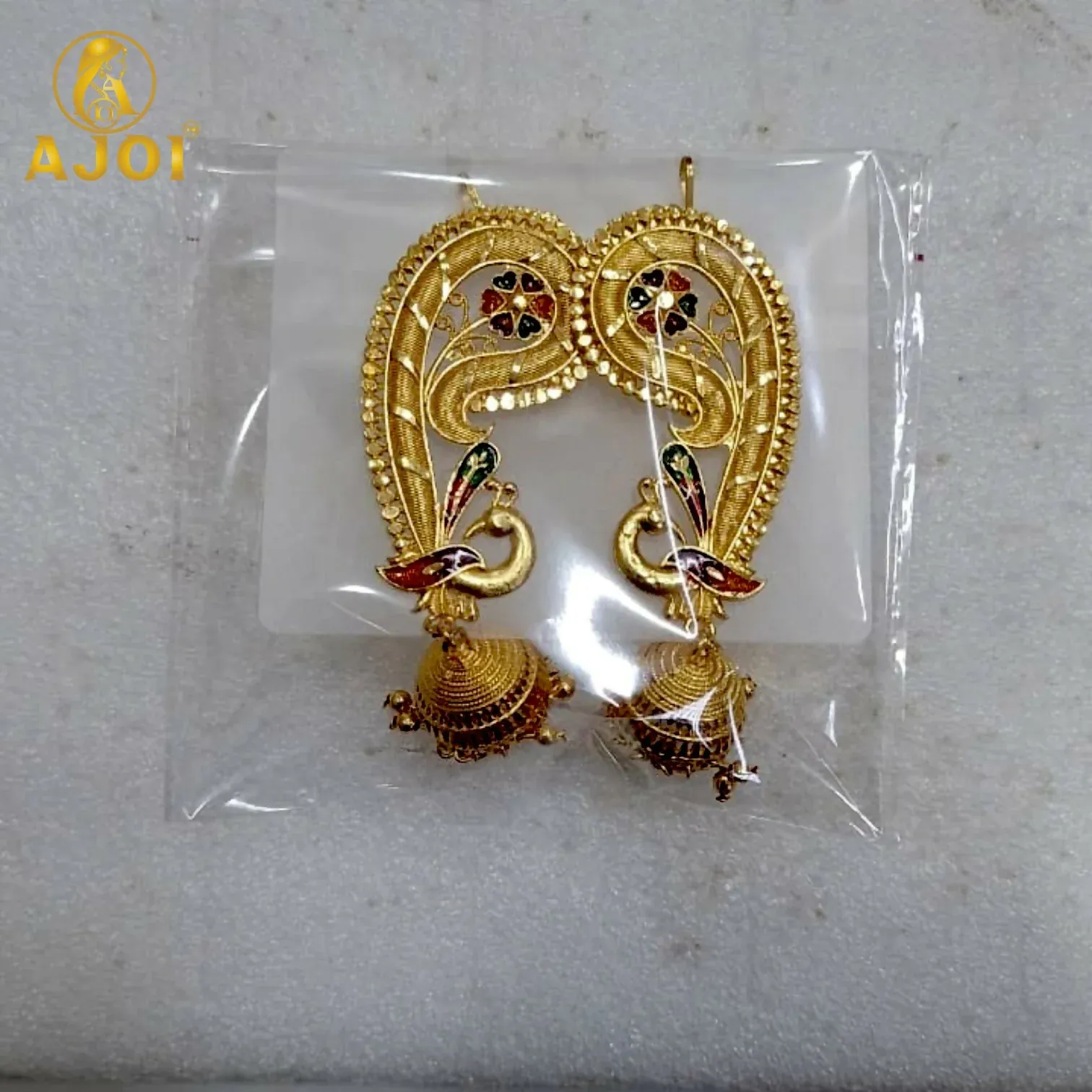 Premium Gold-Plated Peacock Paisley Ear Cuff Earrings with Jhumka Drop for Women - Detailed Feature View 5