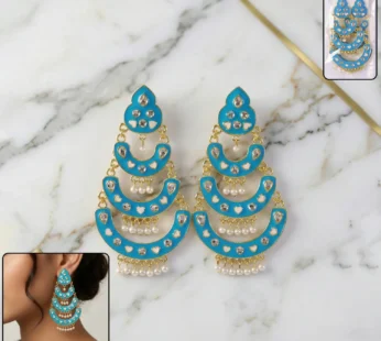Sky Blue Layered Chandbali Earrings with Pearl Hanging for Women