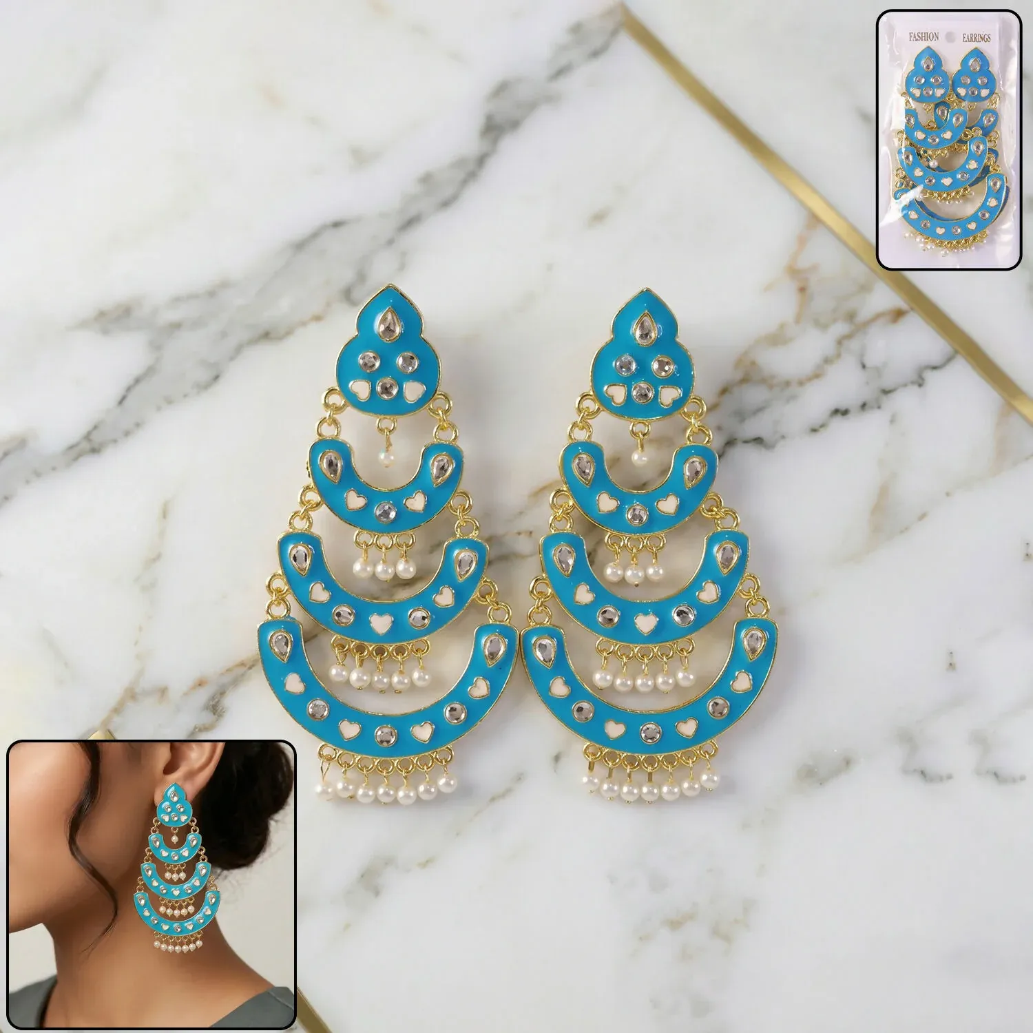 Premium Sky Blue Layered Chandbali Earrings with Pearl Hanging for Women - Buy Online at Alikart