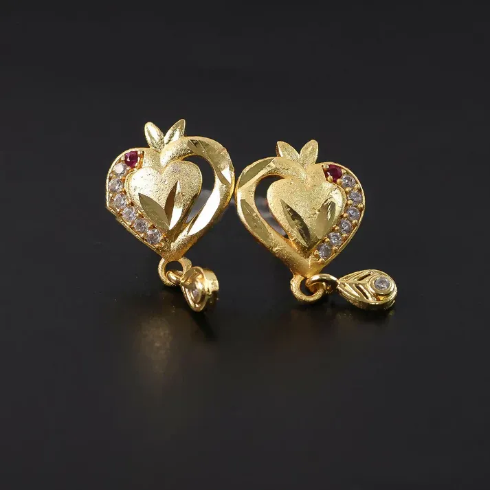 Heart Shaped Gold Finish Earrings With Crystal Border And Delicate Hanging Drop - Detailed Feature View 3