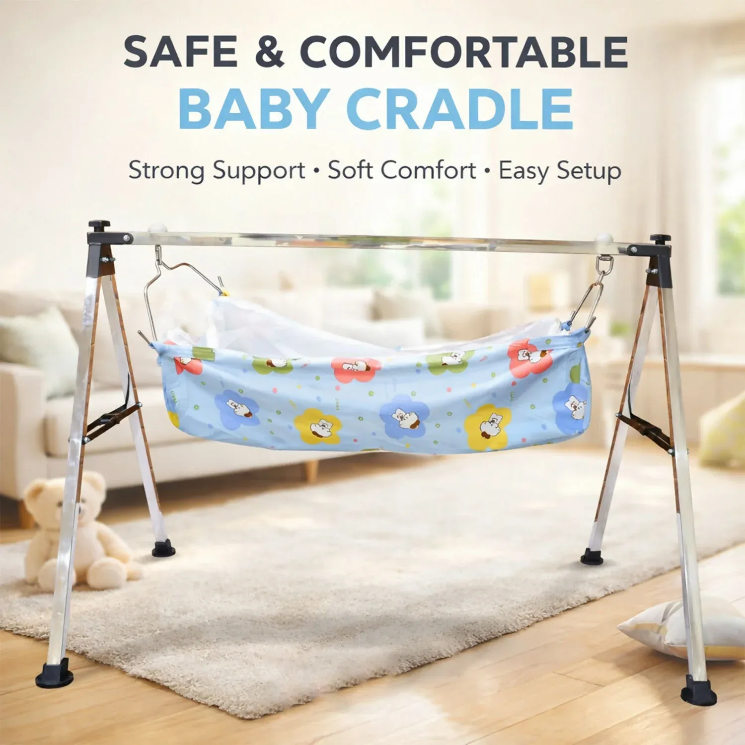 Premium ComfortNest Baby Hammock Cradle with Foldable Stainless Steel Stand - 5 kg - Buy Online at Alikart