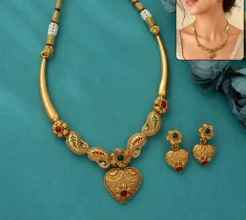 Rajwadi Hridaya Antique Gold Plated Heart Pendant Necklace Set with Drop Earrings