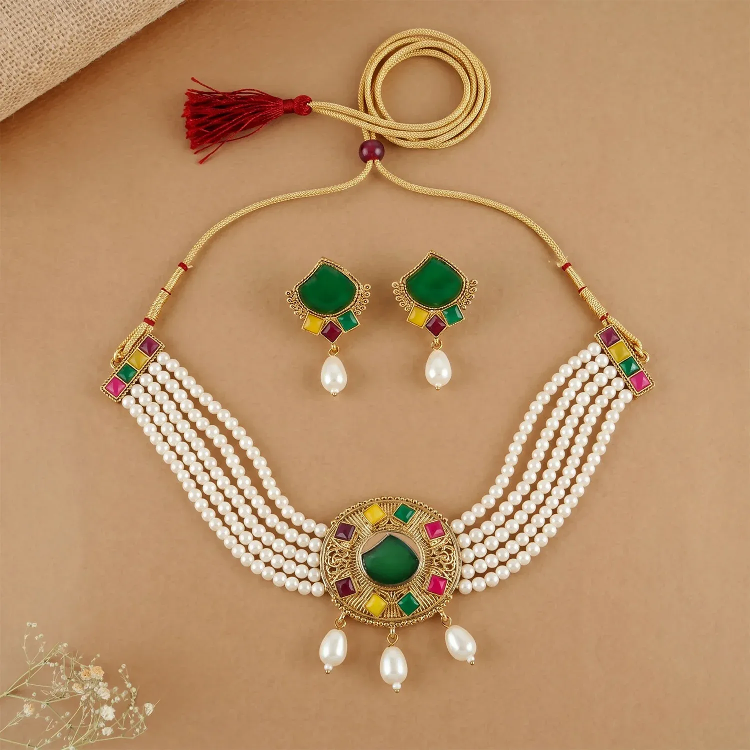 Traditional Green Stone Pearl Choker Necklace Set with Earrings for Women - Detailed Feature View 3