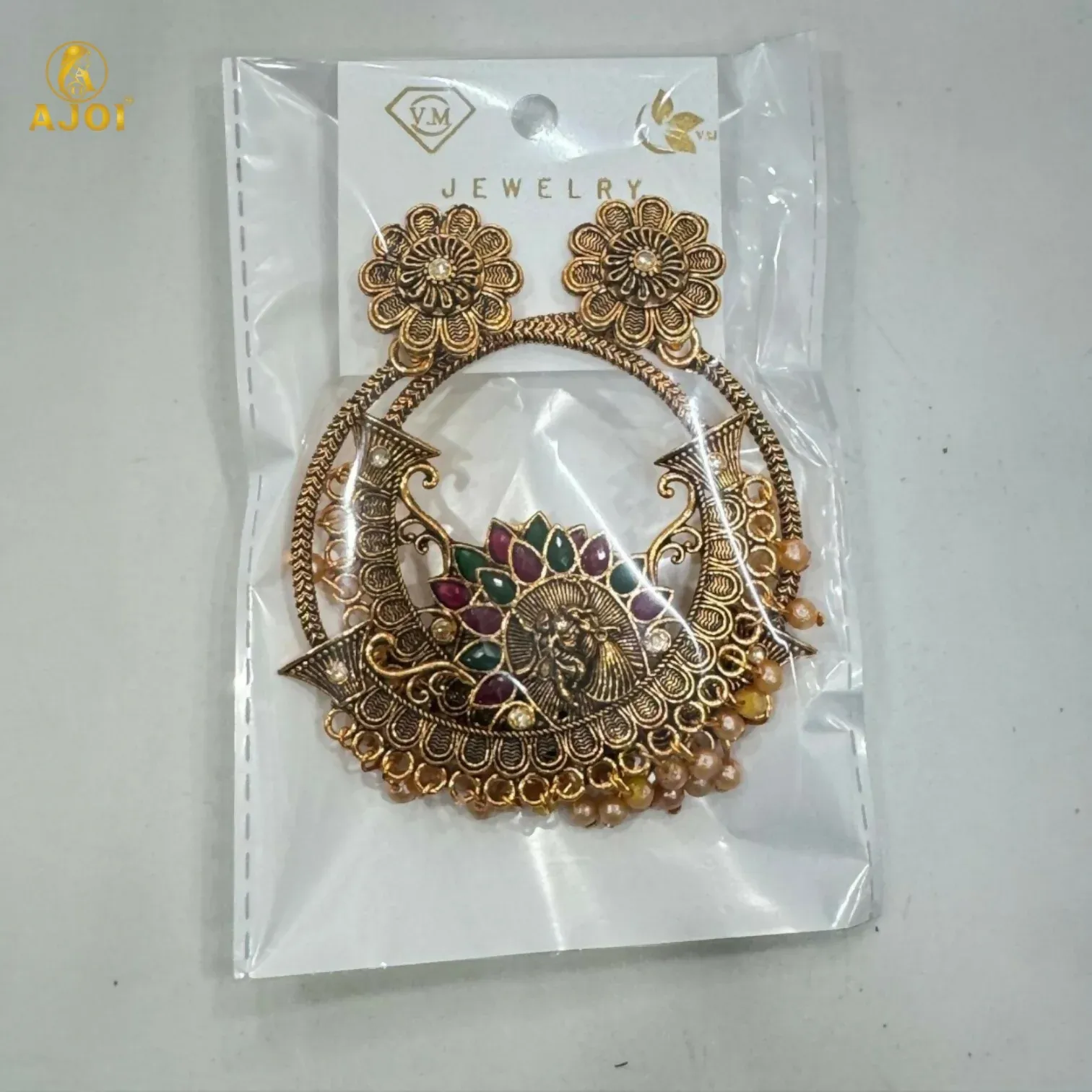 Radha Krishna Central Goddess Chandbali Earrings - Detailed Feature View 4