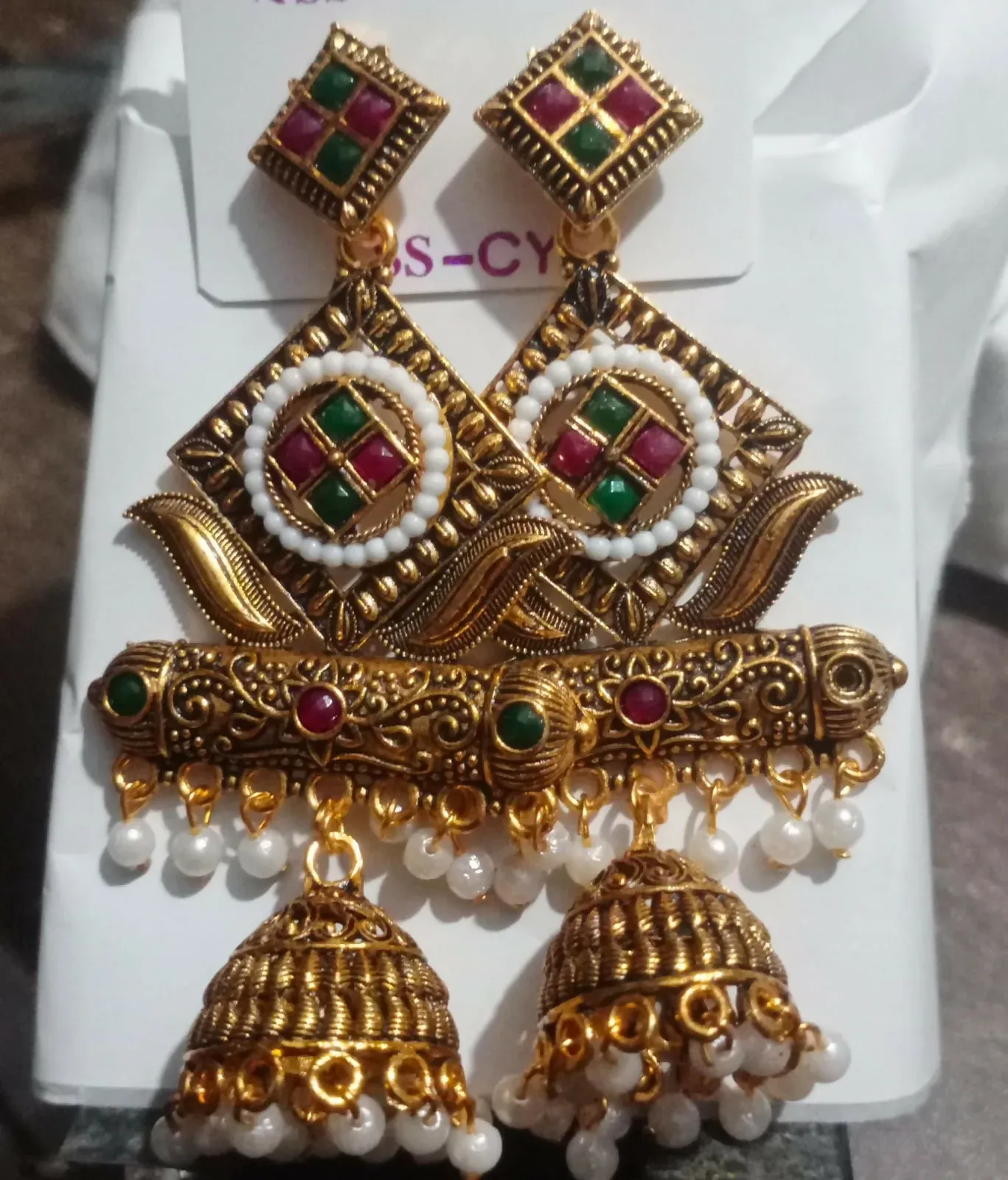 Premium Antique Gold-Plated Geometric Stone & Pearl Jhumka Earrings - Detailed Feature View 4