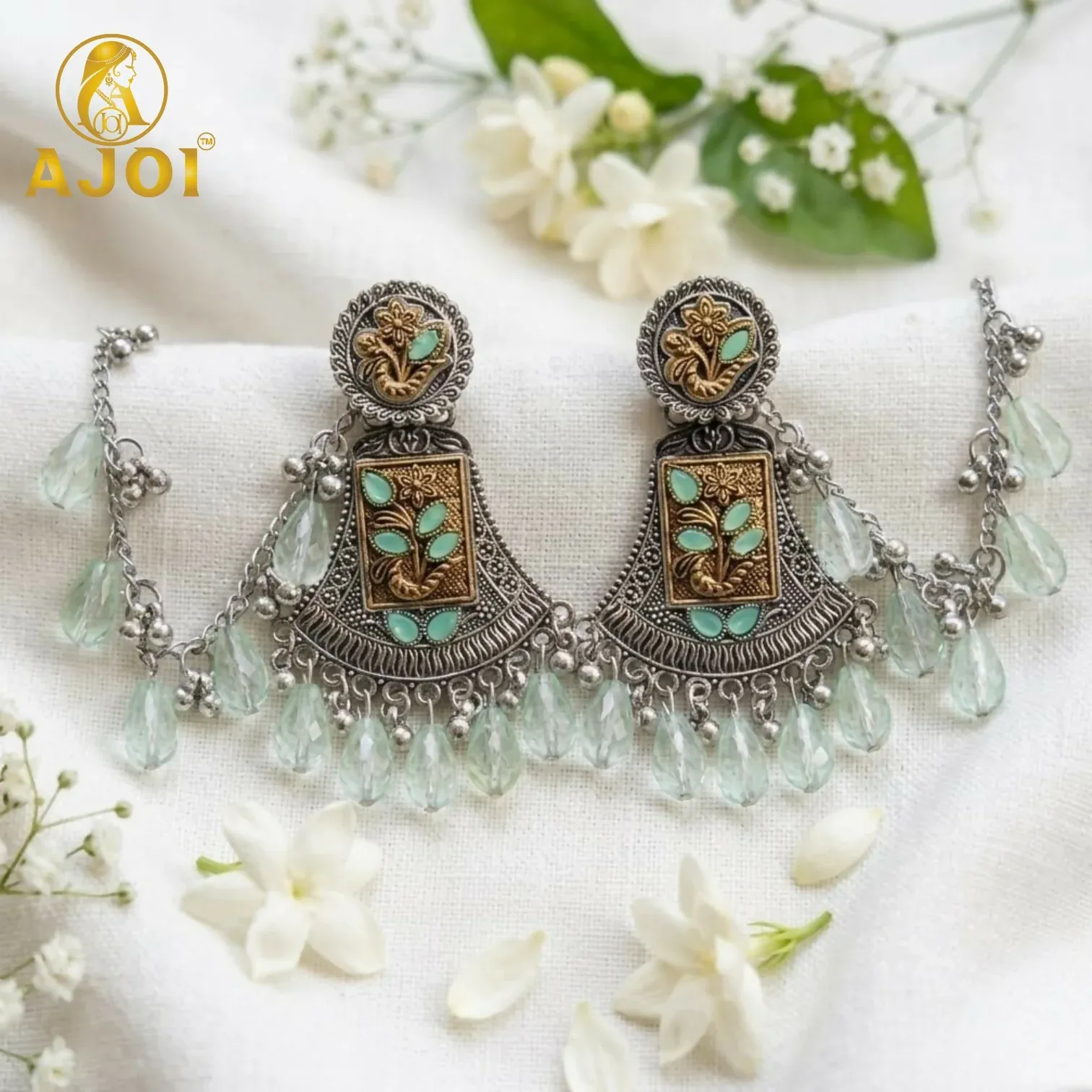 Premium Traditional Two Tone Oxidised Floral Earrings with Mint Green Crystal Bead Drops - Buy Online at Alikart