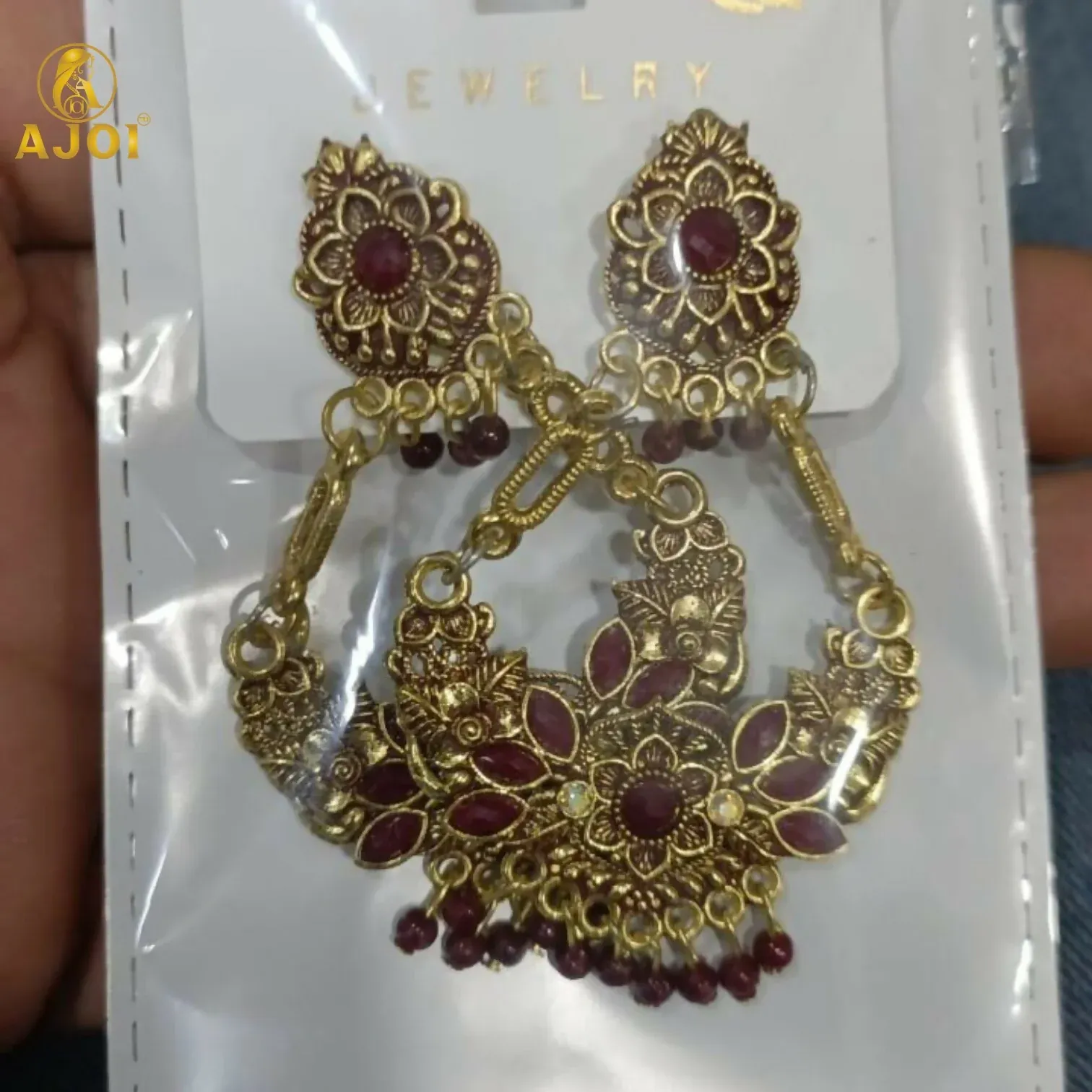 Vintage Maroon Floral Chandbali Earrings with Maroon Enamel Accents - Detailed Feature View 4