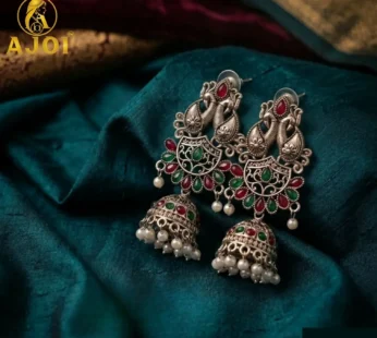 Oxidized Silver Peacock Jhumka Earrings with Ruby Green Stones & Pearls