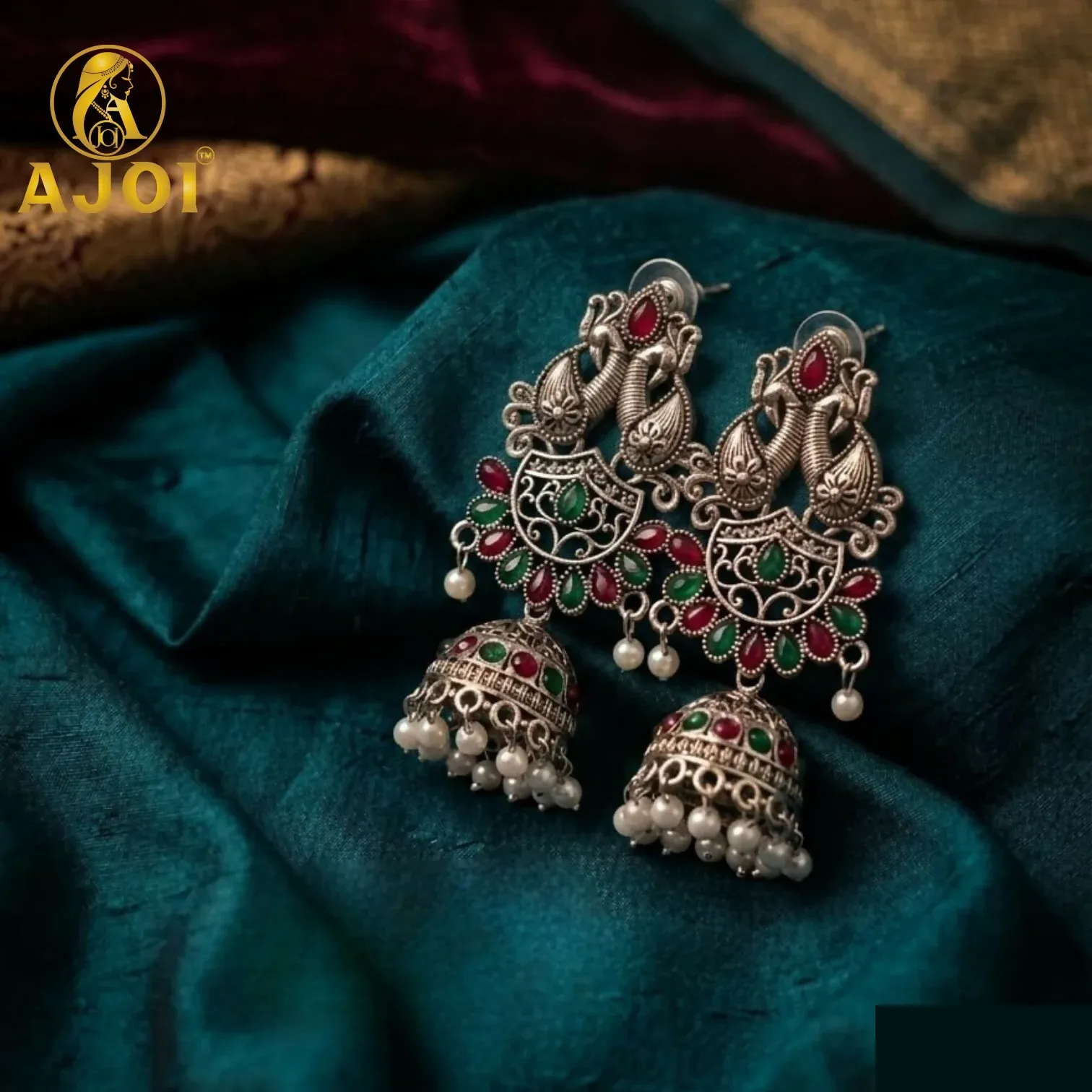 Premium Oxidized Silver Peacock Jhumka Earrings with Ruby Green Stones & Pearls - Buy Online at Alikart