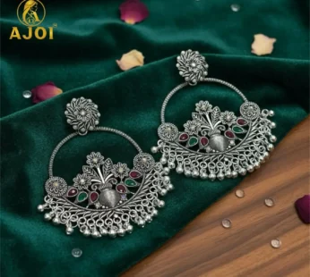 Oxidised Silver Floral Chandbali Earrings with Color Stones & Ghungroo