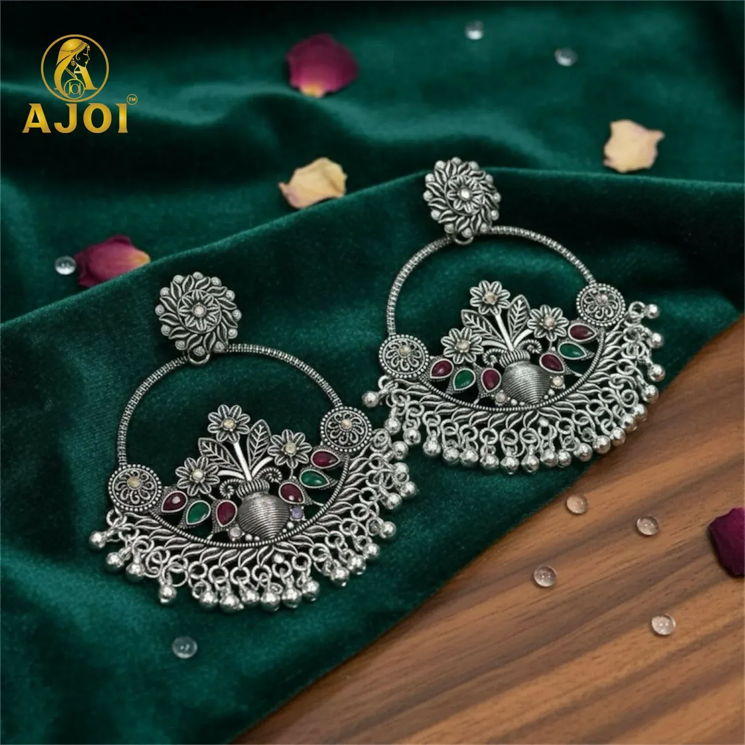 Premium Oxidised Silver Floral Chandbali Earrings with Color Stones & Ghungroo - Buy Online at Alikart