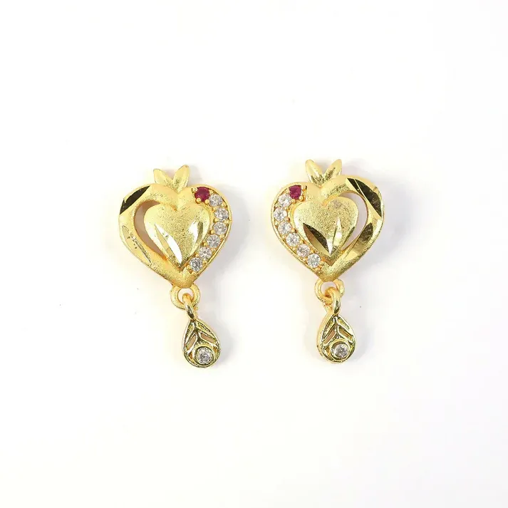 Heart Shaped Gold Finish Earrings With Crystal Border And Delicate Hanging Drop - Detailed Feature View 4