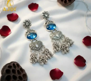 Oxidized Silver Turquoise Jhumka Earrings with Filigree