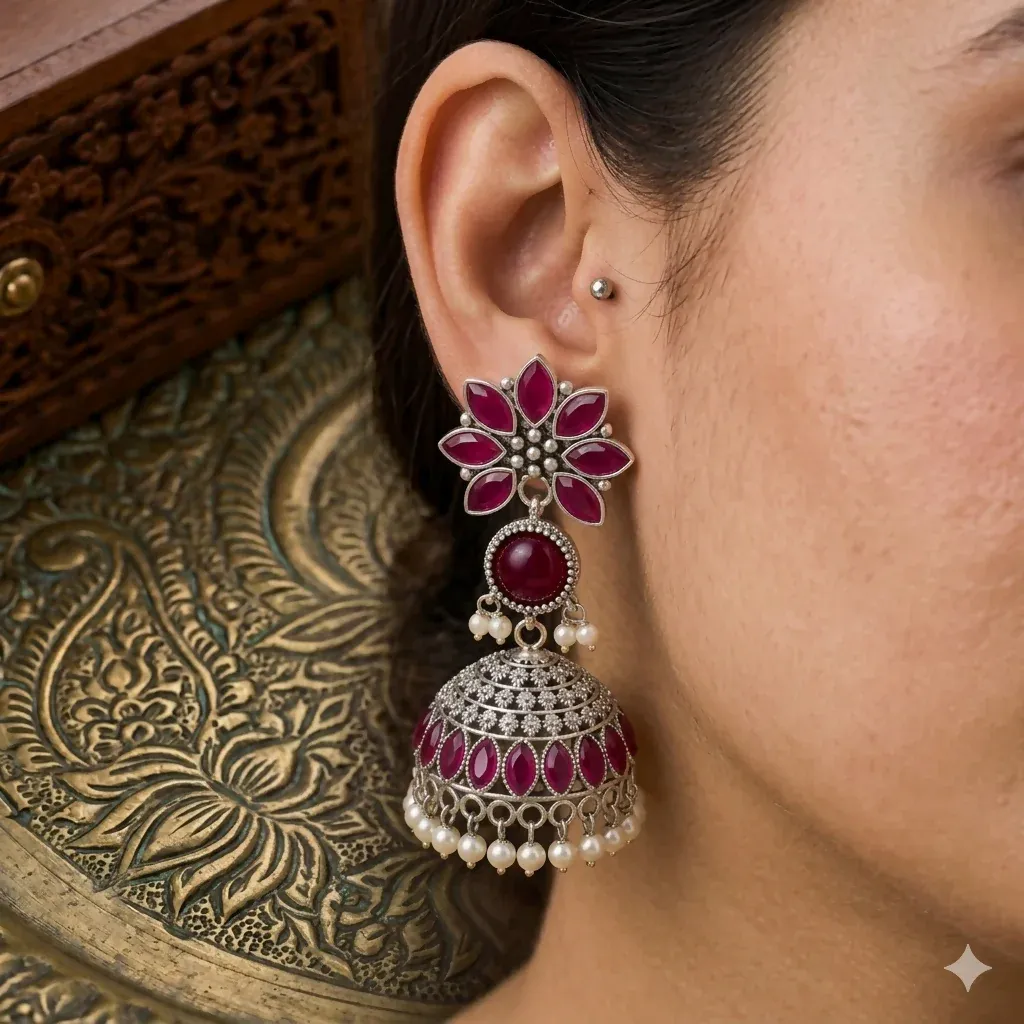 Oxidized Silver Jhumkha Earrings with Lilac Stones & Lavender Beads - Detailed Feature View 1