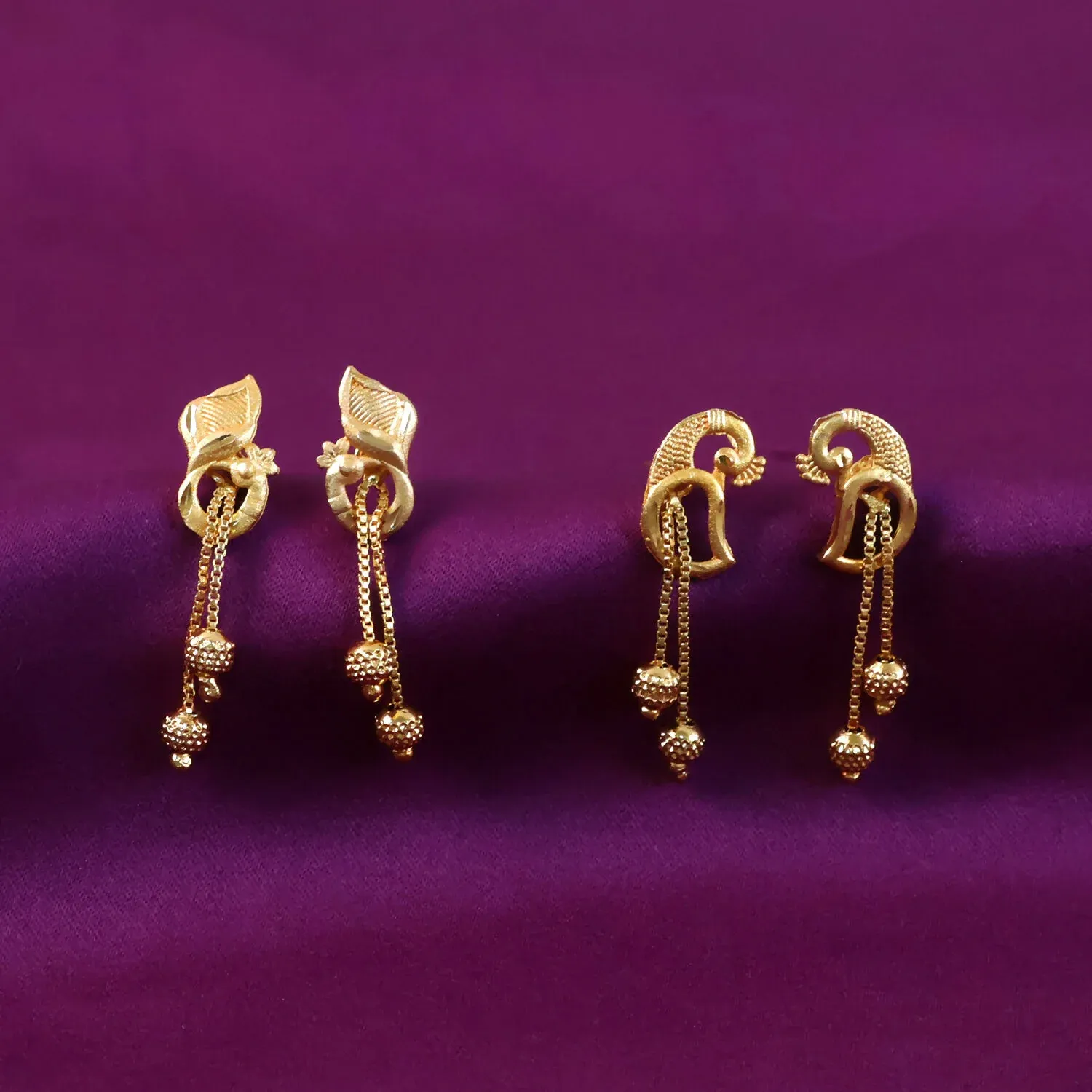 Elegant Gold-Toned Ethnic Earrings Set with Floral Peacock Design & Beads (2 Pair) - Detailed Feature View 1