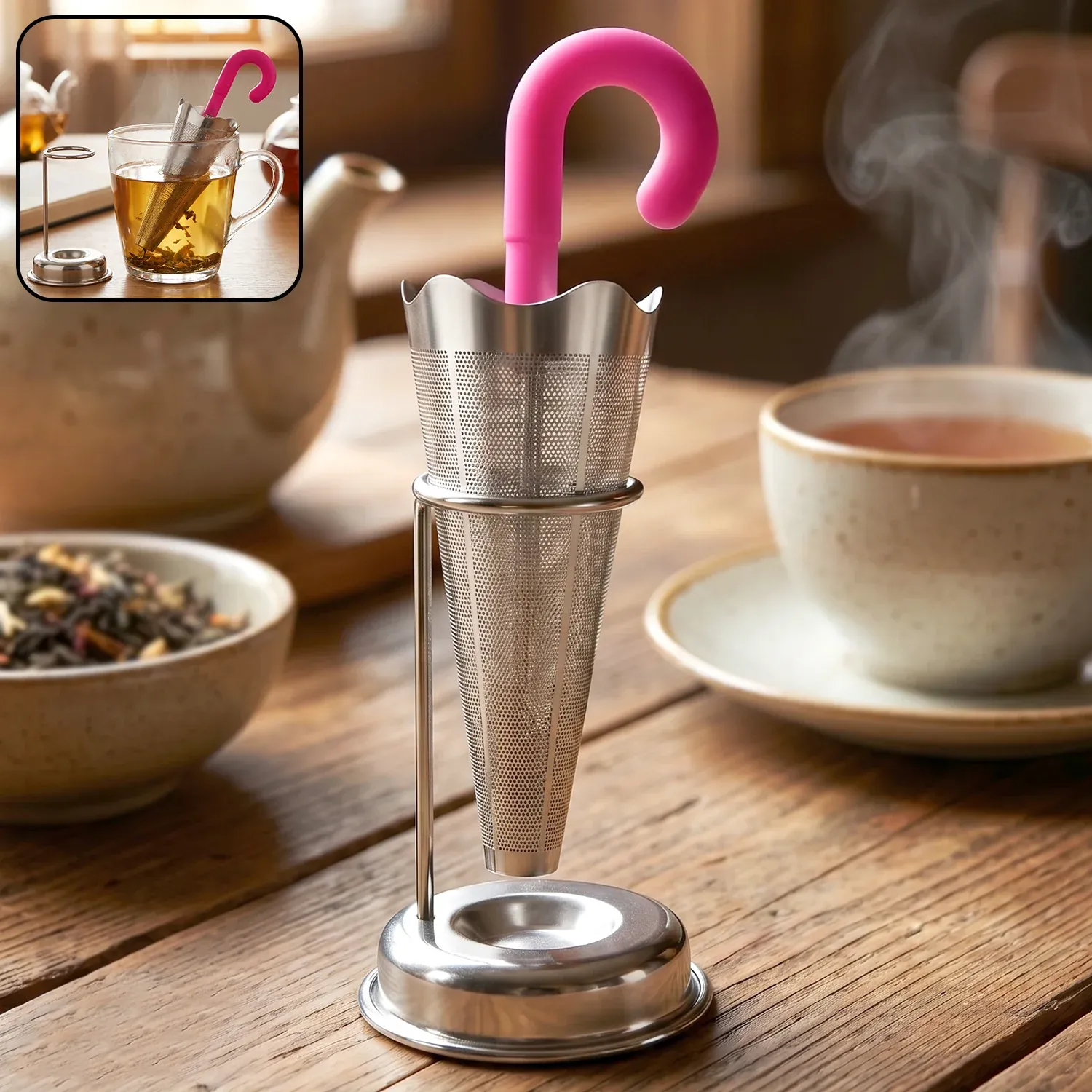 Premium Stainless Steel Tea Strainer – Umbrella Design & Drip Tray | Siplix - Buy Online at Alikart