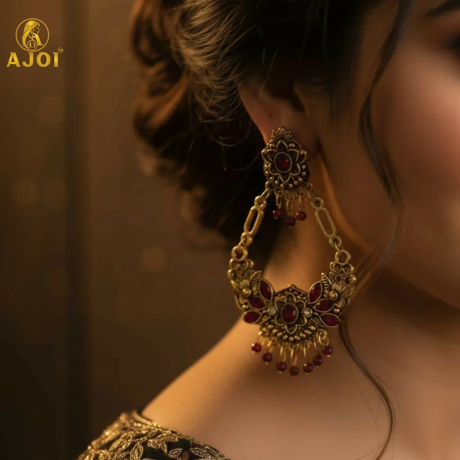 Vintage Maroon Floral Chandbali Earrings with Maroon Enamel Accents - Detailed Feature View 1