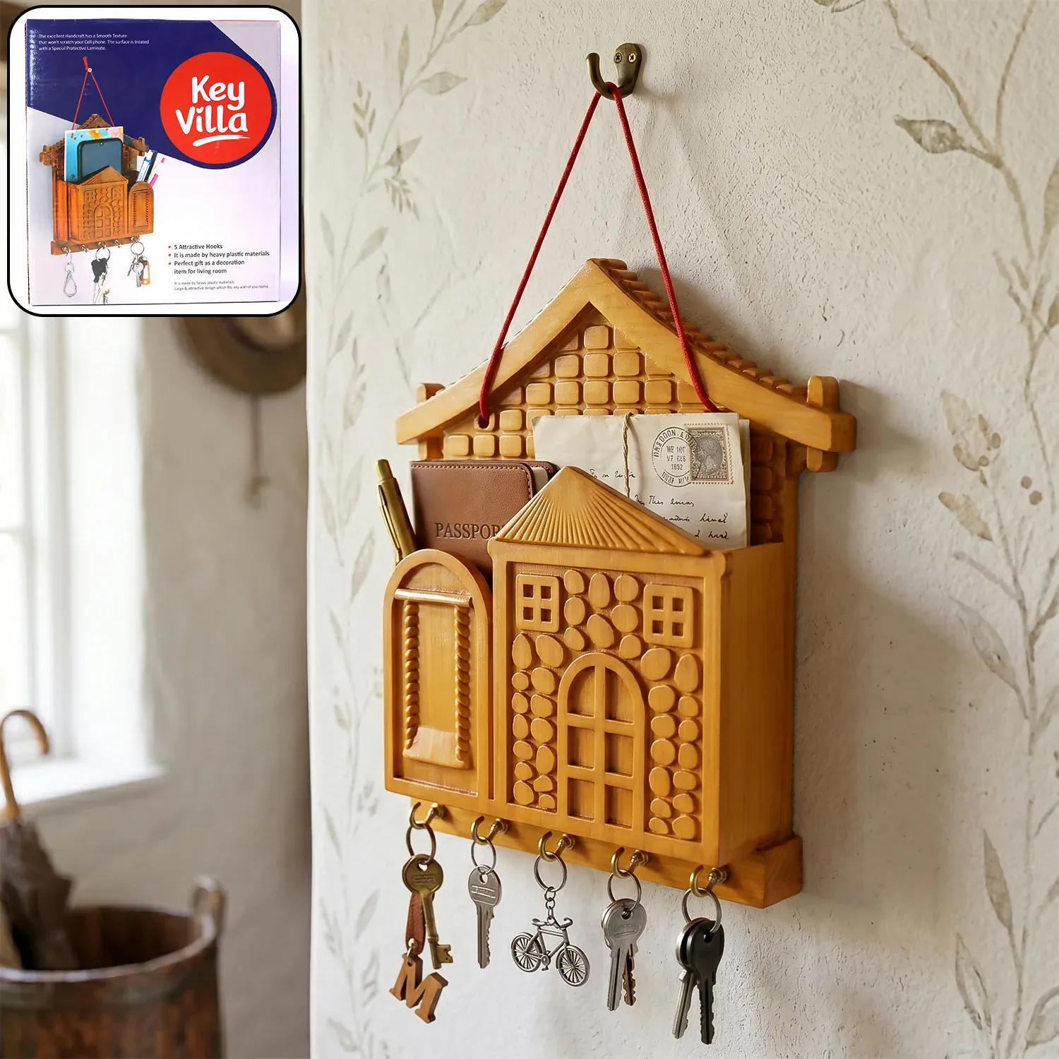 Premium Key Holder with Key Villa – Rustic Wooden Organizer with Hooks - Buy Online at Alikart