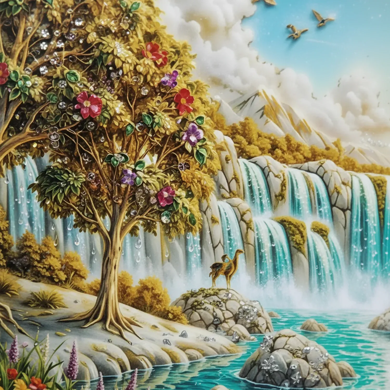 Premium 3D Waterfall Wall Décor with Golden Frame - Detailed Feature View 3