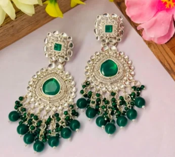 Emerald Green Kundan & Pearl Chandbali Earrings – Silver-Toned Festive Jhumkas
