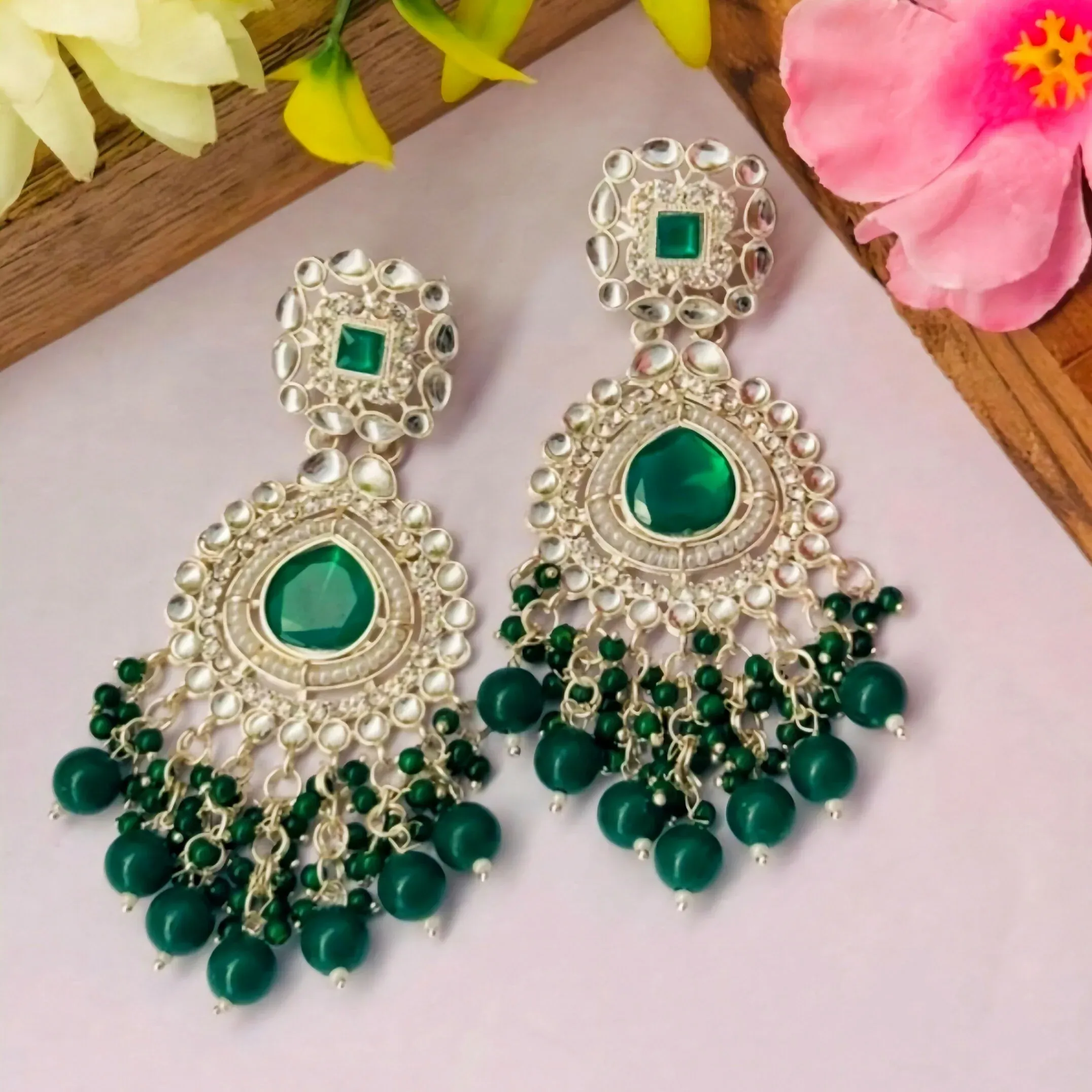 Premium Emerald Green Kundan & Pearl Chandbali Earrings – Silver-Toned Festive Jhumkas - Buy Online at Alikart