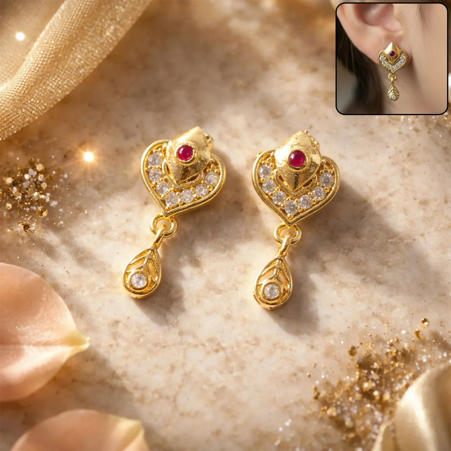 Premium Royal Gold Heart Drop Earrings with Ruby & Crystal Accents - Buy Online at Alikart