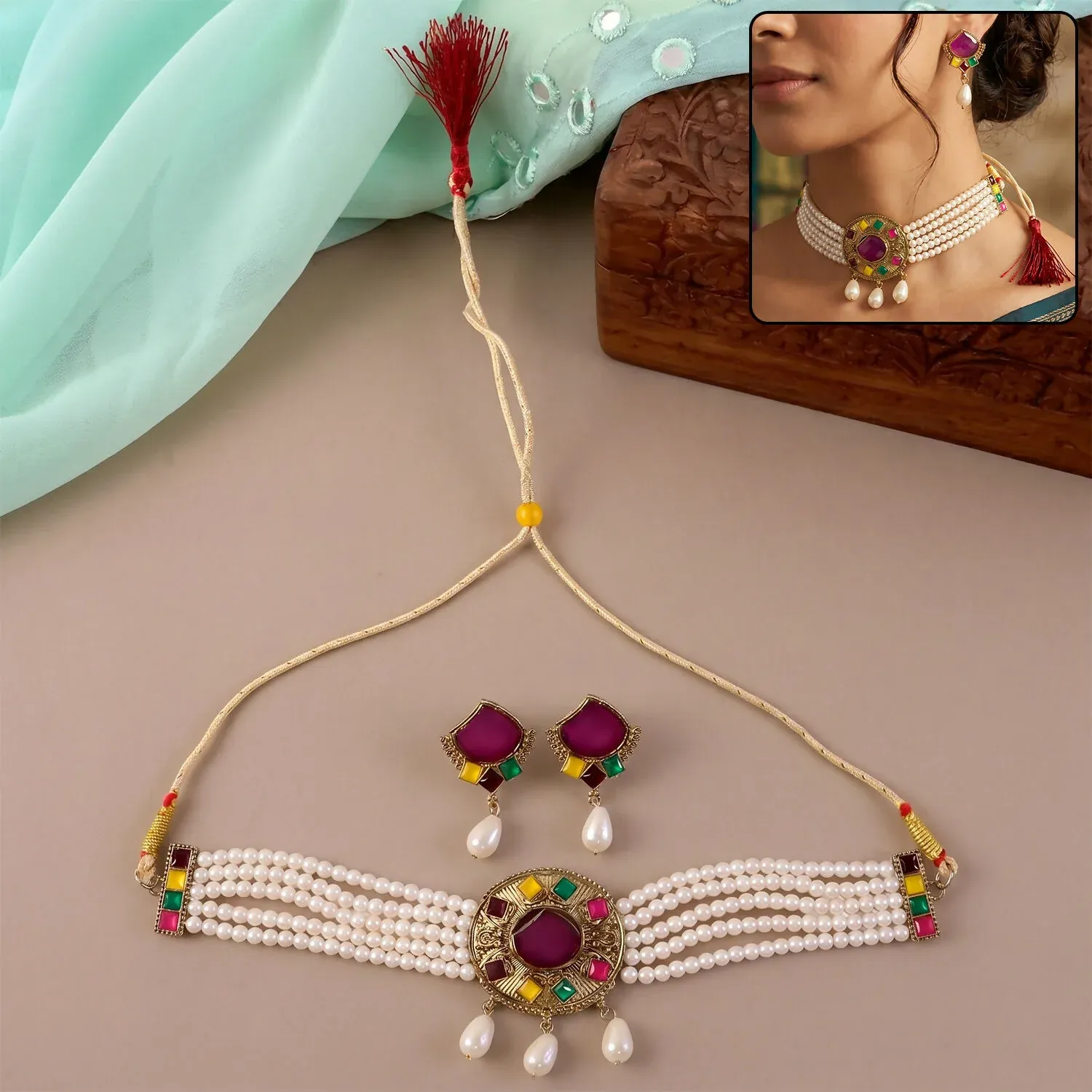 Traditional Purple Stone Pearl Choker Necklace Set with Earrings for Women - Detailed Feature View 1
