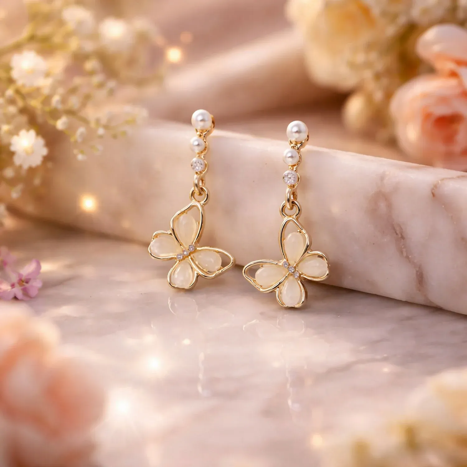 Elegant Gold Butterfly Pearl Drop Earrings with Floral Design - Detailed Feature View 3