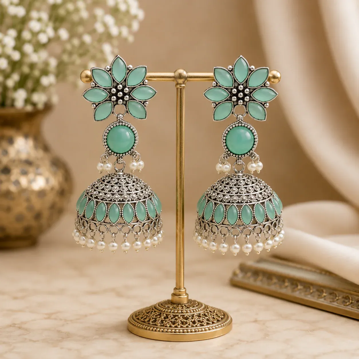 Elegant Oxidized Silver Jhumka Earrings with Sky Blue Stones & Pearl Accents - Detailed Feature View 2