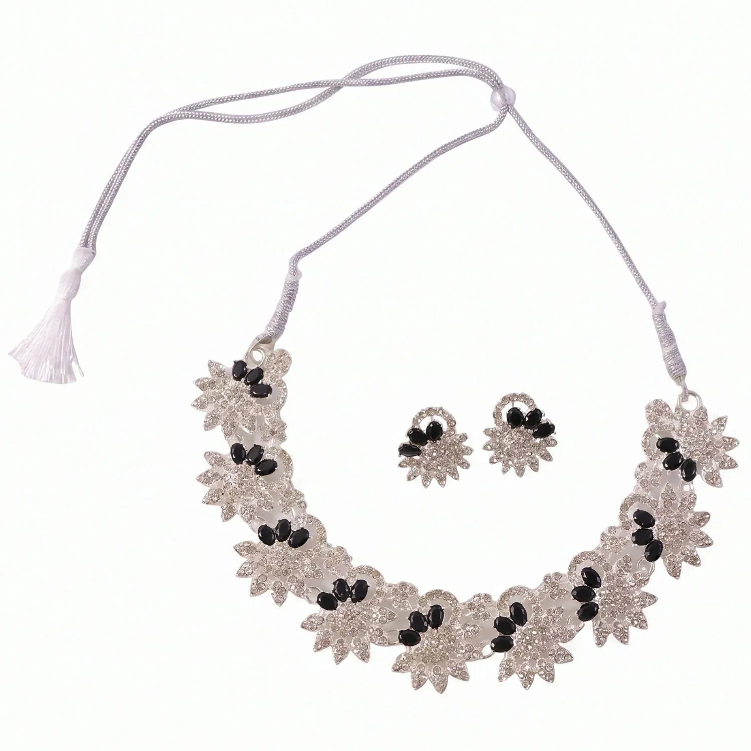 Elegant Silver-Plated Black Stone Necklace Set with Earrings For Woman - Detailed Feature View 5