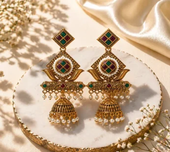Premium Antique Gold-Plated Geometric Stone & Pearl Jhumka Earrings