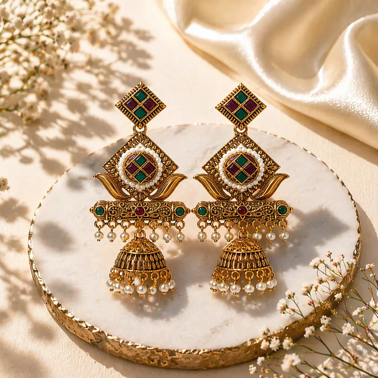 Premium Premium Antique Gold-Plated Geometric Stone & Pearl Jhumka Earrings - Buy Online at Alikart