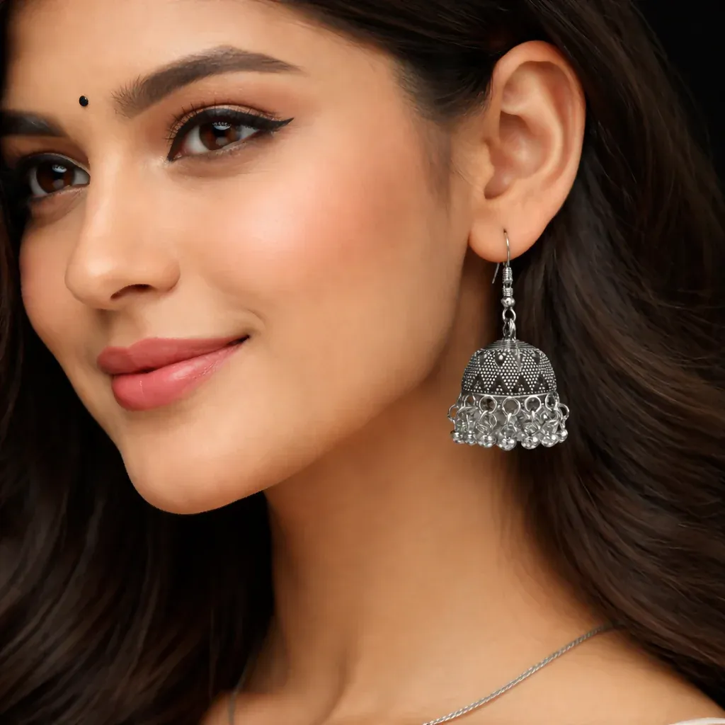 Elegant Oxidised Silver Hook Jhumka Earrings - Detailed Feature View 3