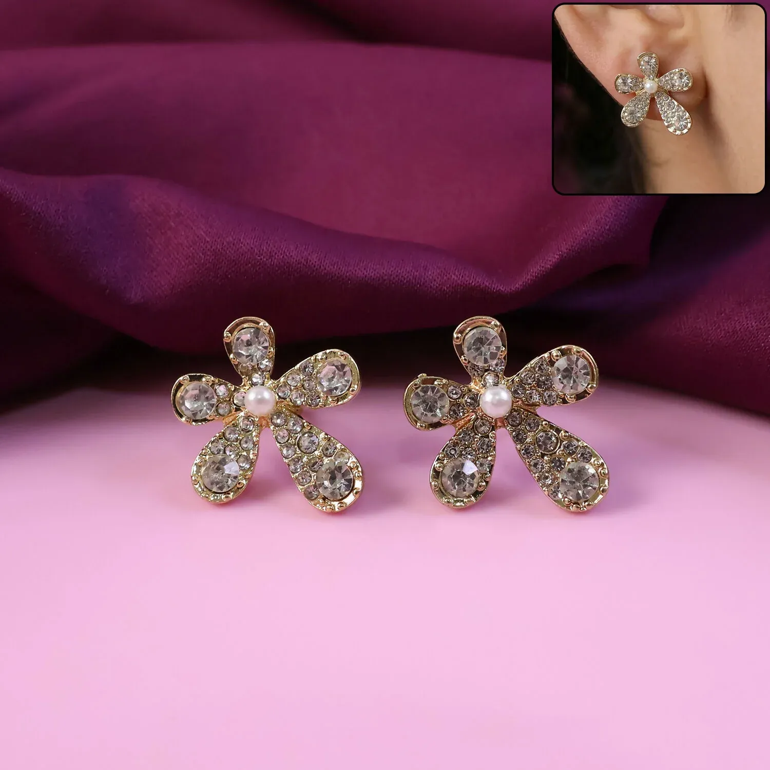 Premium Elegant Crystal Flower Design Stud Earrings for Women and Girls Party Wear - Buy Online at Alikart