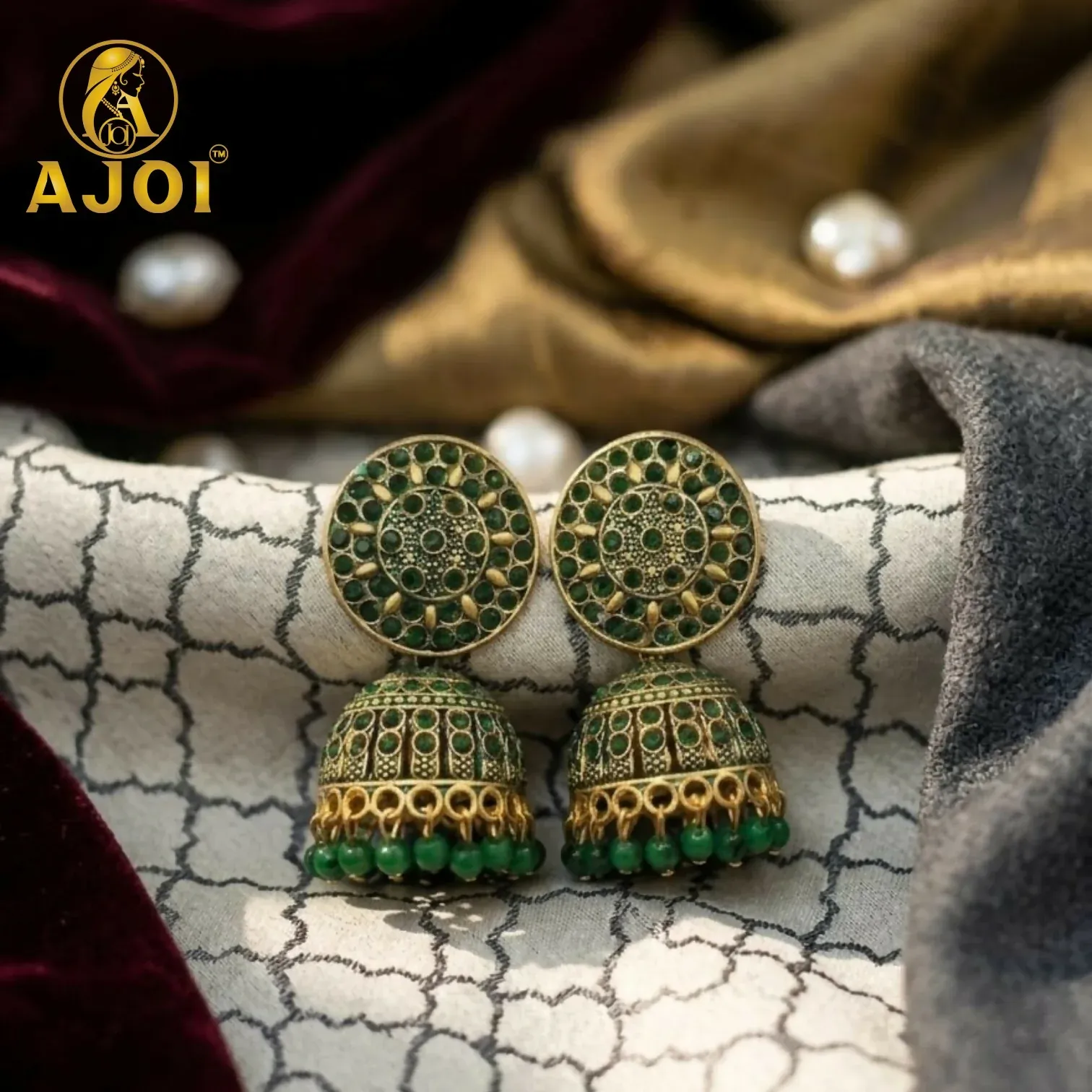 Antique Gold Green Stone Jhumka Earrings Traditional Ethnic Jewelry - Detailed Feature View 3