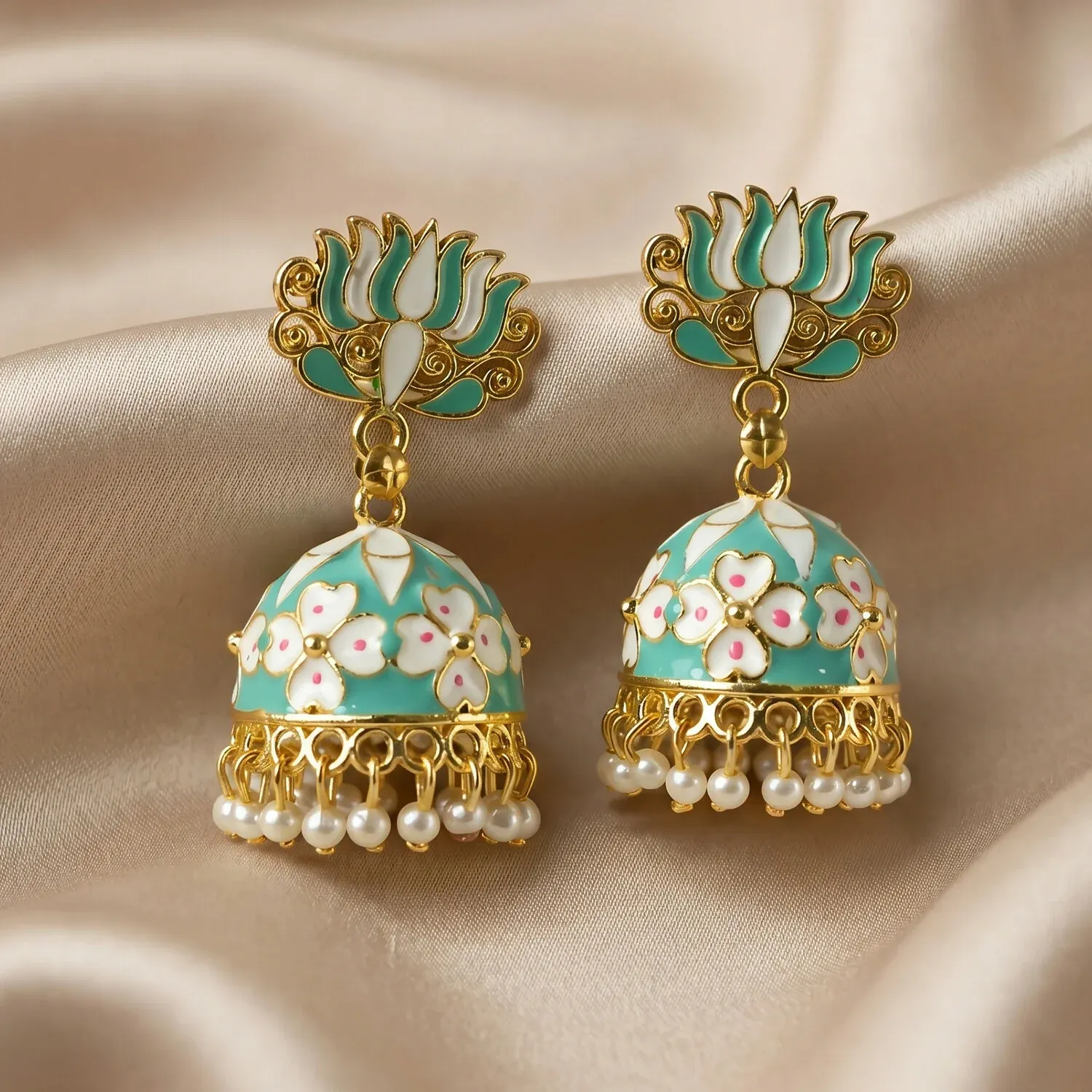 Sea Pista Lotus Jhumka Earrings with Pearl Hanging for Women - Detailed Feature View 1