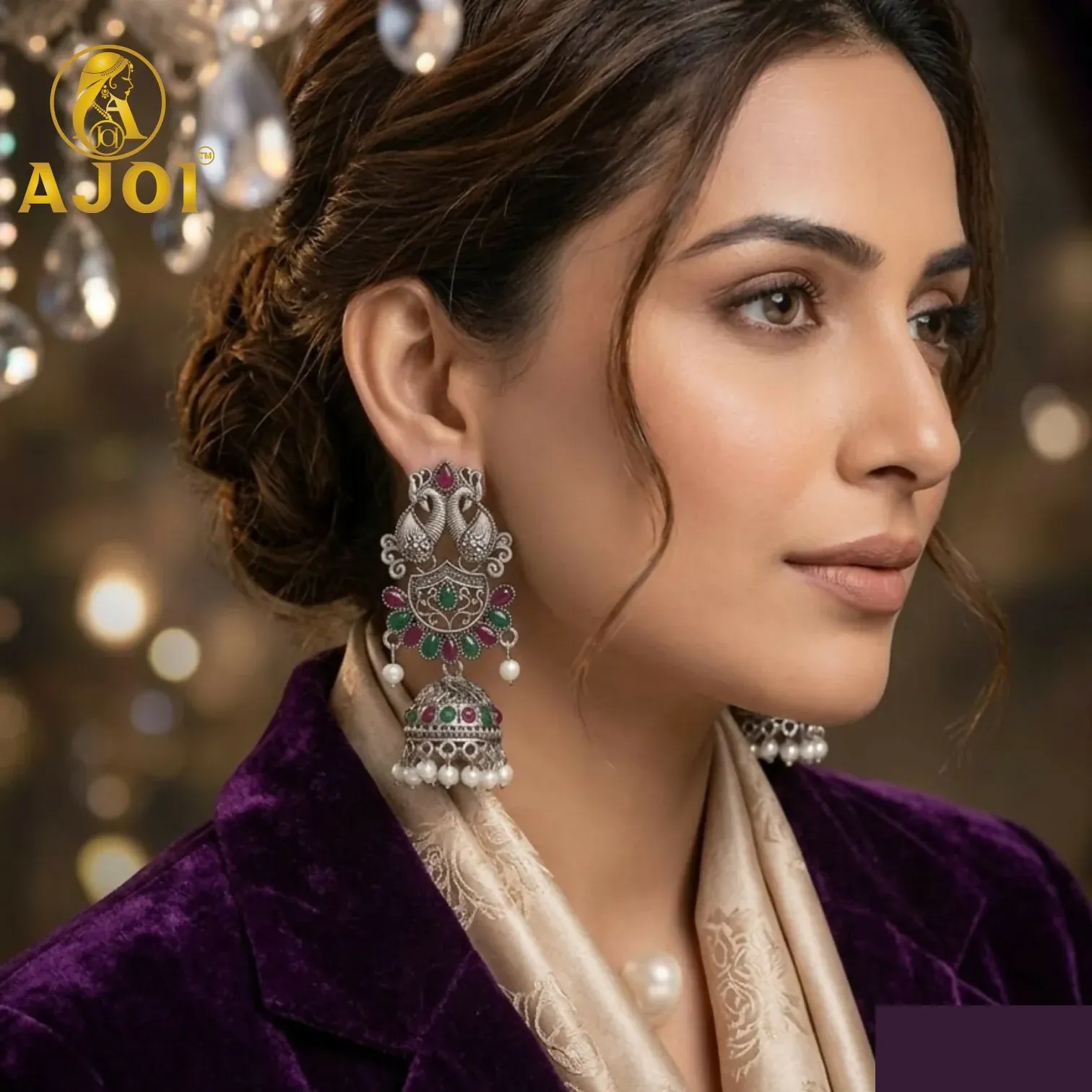 Oxidized Silver Peacock Jhumka Earrings with Ruby Green Stones & Pearls - Detailed Feature View 1