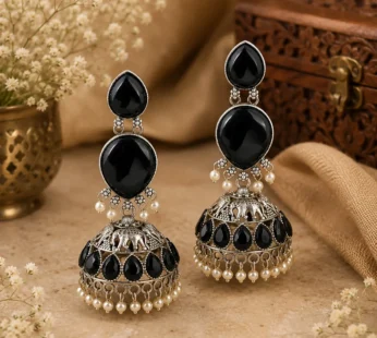 Elegant Oxidised Silver Black Stone Jhumka Earrings with Pearls