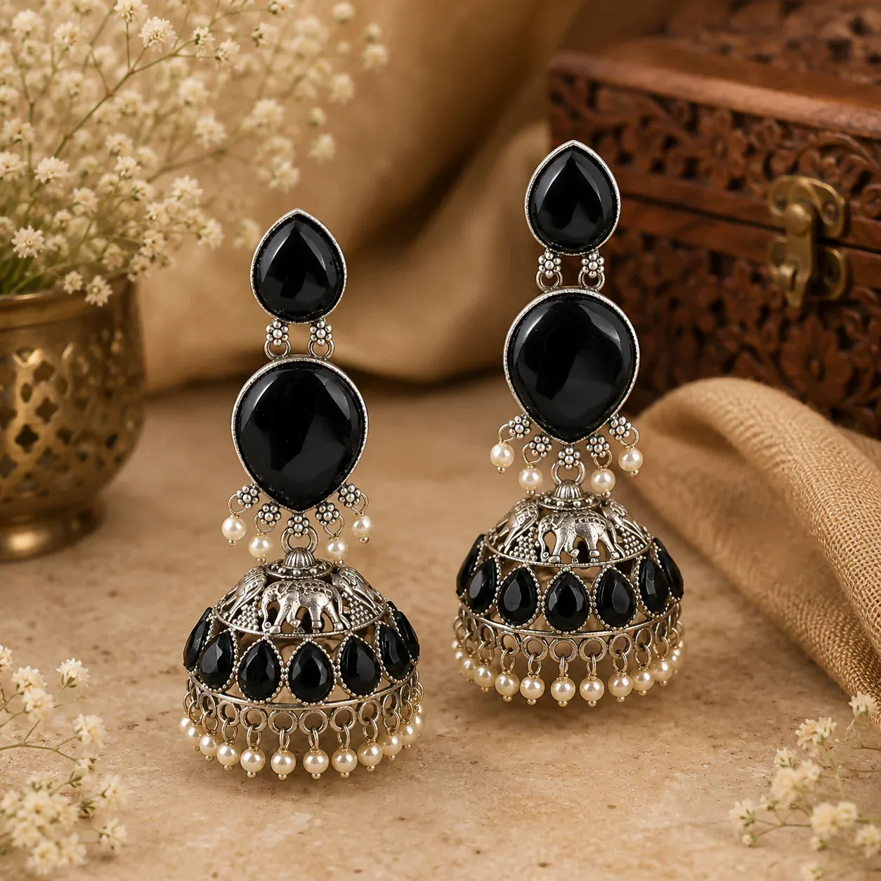 Premium Elegant Oxidised Silver Black Stone Jhumka Earrings with Pearls - Buy Online at Alikart