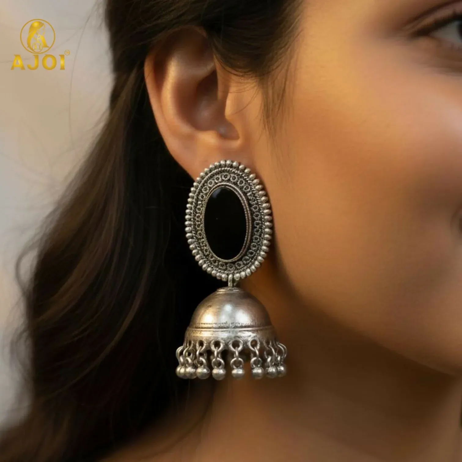 Antique Silver Mirror Jhumka Earrings - Detailed Feature View 1