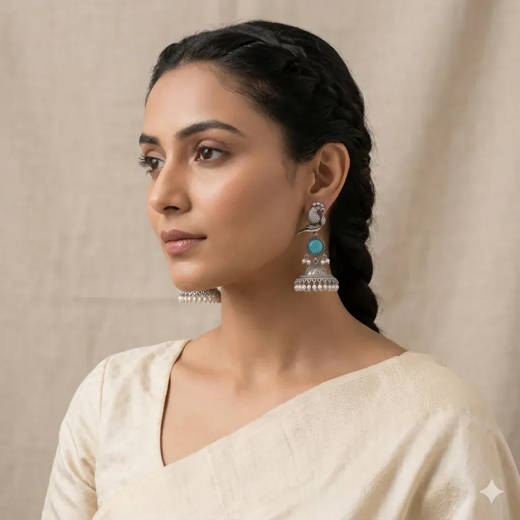 Elegant Peacock Oxidized Silver Jhumka Earrings with Sky Blue Stone & Pearl Accents - Detailed Feature View 1