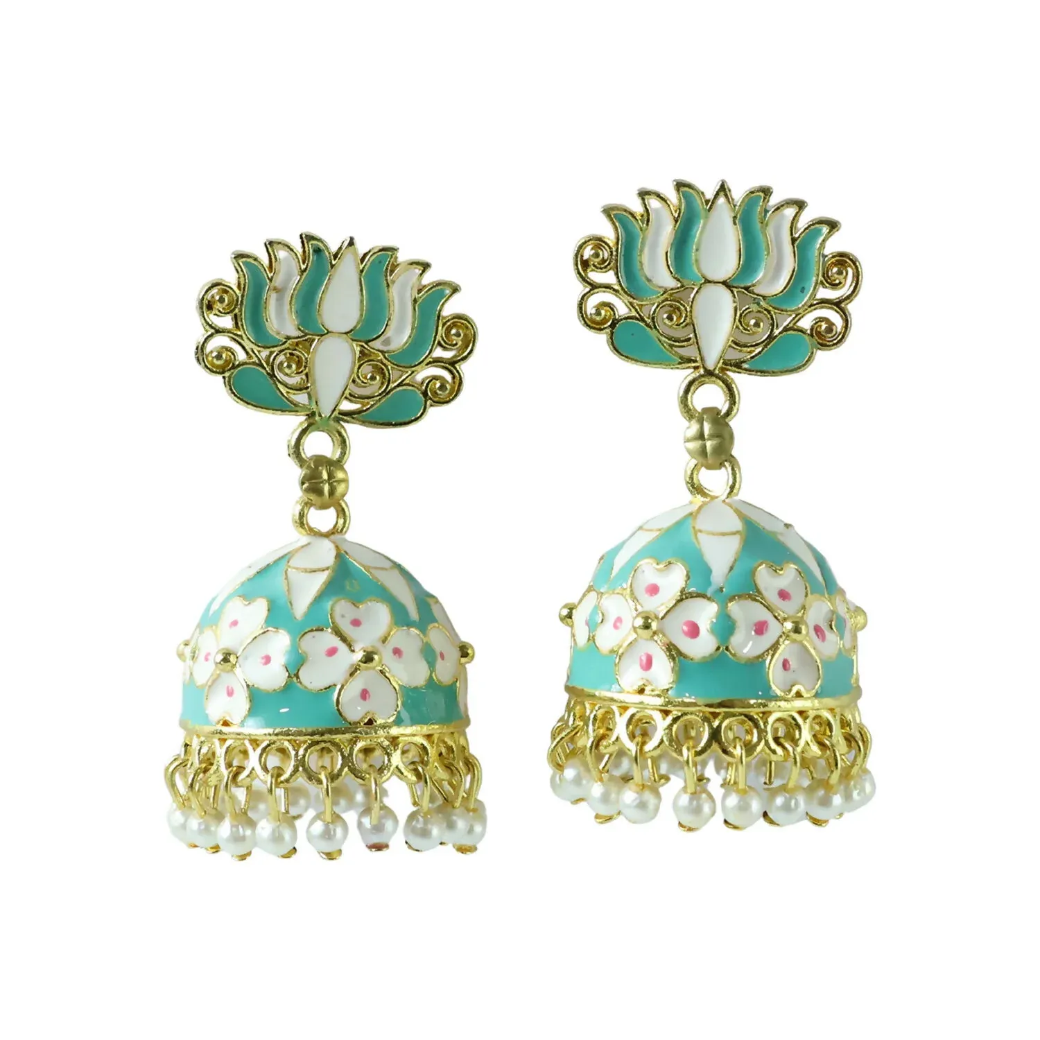 Sea Pista Lotus Jhumka Earrings with Pearl Hanging for Women - Detailed Feature View 3