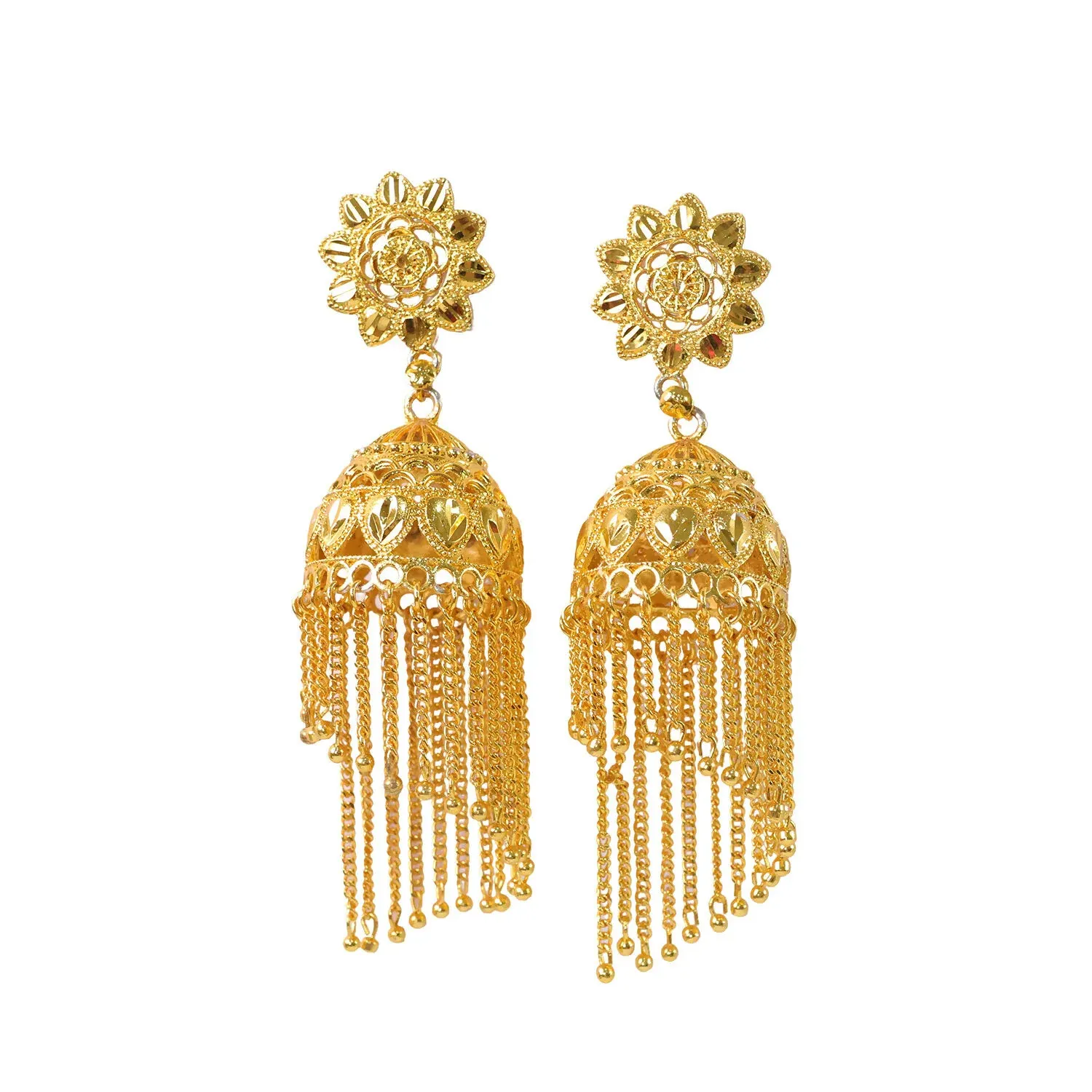 Traditional Gold Tone Floral Jhumka Earrings with Chain Tassels - Detailed Feature View 4