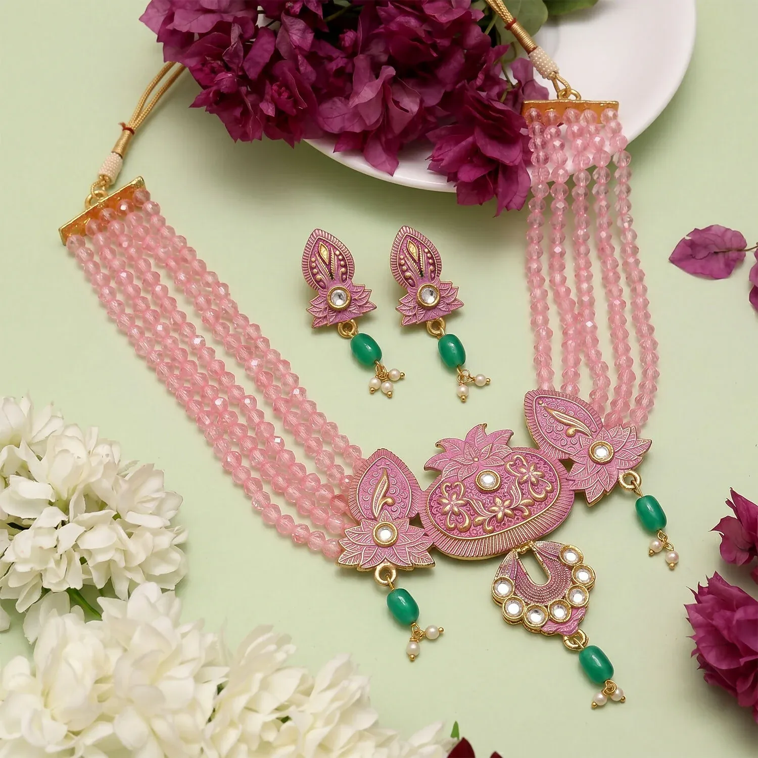Pink Beaded Ethnic Necklace Set with Earrings - Adjustable Thread - Detailed Feature View 2