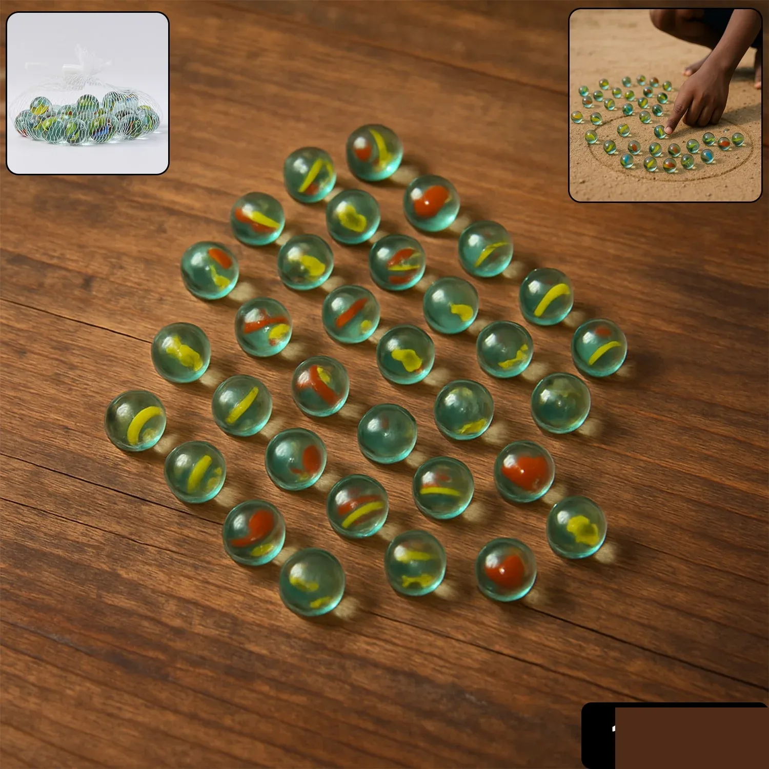 Classic Glass Marbles for Kids – Set of Approx 35 Vibrant Kanchas - Detailed Feature View 1