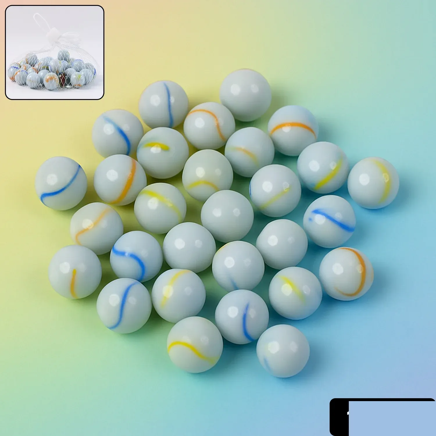 Glass Marbles Pack of 30 – Classic White with Colorful Swirls - Detailed Feature View 1
